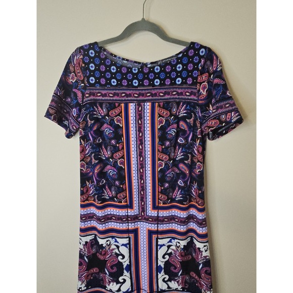 Adrianna Papell Dress Women S Purple Pink Black Print Shift Crochet Designer - Picture 2 of 16